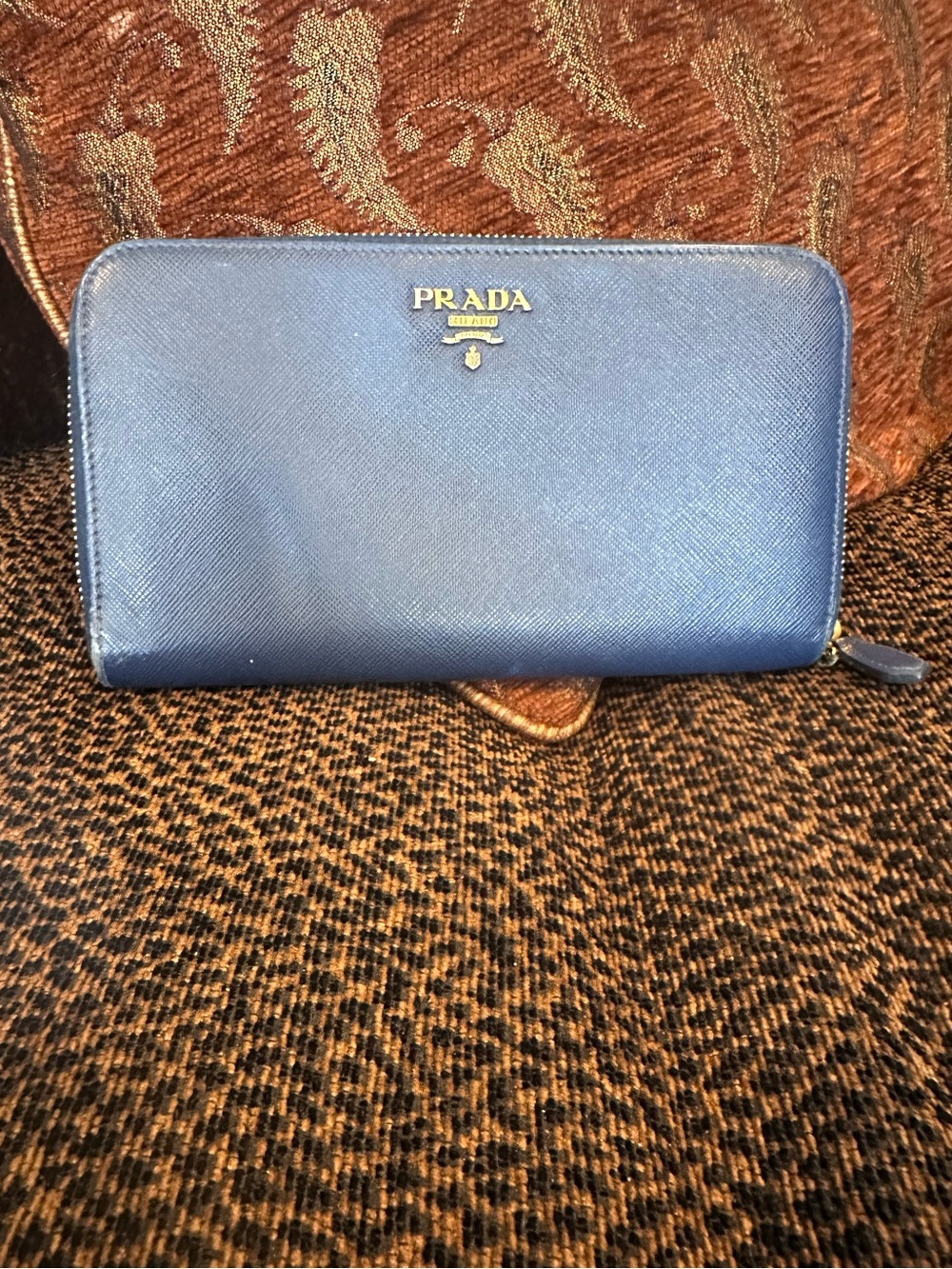Prada Blue Saffiano Leather Zip Around Long Wallet